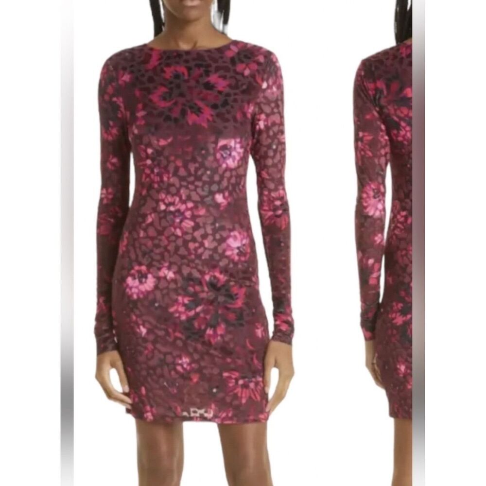 Ted Baker Plum and Pink Long-Sleeve Floral Bodycon Dress